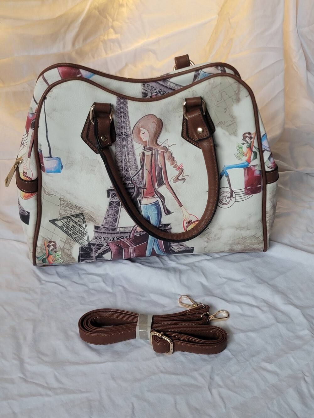 Paris/Eiffel Tower fashion illustration, top-handle satchel with dual handles